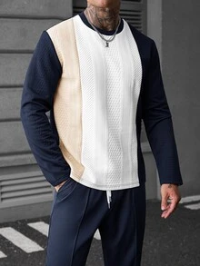 EGENSIO Men's Colorblock Crew Neck Long Sleeve T-Shirt And Pants Casual Set - Navy Blue - View 6