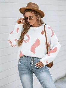 SHEIN LUNE Christmas Sweater,Women's Casual Western Boot Pattern Sweater,Long Sleeve Tops In Autumn/ Camping Everyday Holiday White Travel Vacation - White - View 7