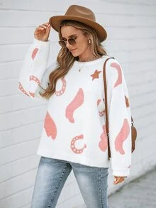 SHEIN LUNE Christmas Sweater,Women's Casual Western Boot Pattern Sweater,Long Sleeve Tops In Autumn/ Camping Everyday Holiday White Travel Vacation - White - View 4