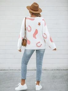 SHEIN LUNE Christmas Sweater,Women's Casual Western Boot Pattern Sweater,Long Sleeve Tops In Autumn/ Camping Everyday Holiday White Travel Vacation - White - View 2