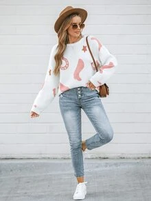 SHEIN LUNE Christmas Sweater,Women's Casual Western Boot Pattern Sweater,Long Sleeve Tops In Autumn/ Camping Everyday Holiday White Travel Vacation - White - View 3