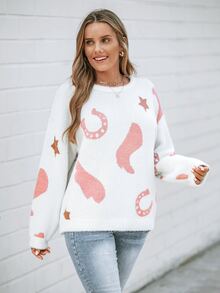SHEIN LUNE Christmas Sweater,Women's Casual Western Boot Pattern Sweater,Long Sleeve Tops In Autumn/ Camping Everyday Holiday White Travel Vacation - White - View 5