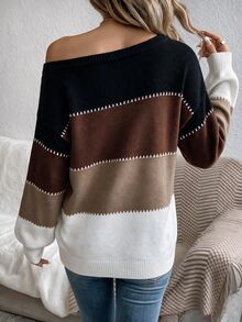 SHEIN LUNE Women's Casual Off-Shoulder Sweater, Suitable For Autumn/Winter, Color Block Print,Sweaters For Women - Multicolor - View 2