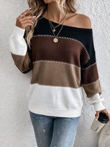 SHEIN LUNE Women's Casual Off-Shoulder Sweater, Suitable For Autumn/Winter, Color Block Print,Sweaters For Women - Multicolor - View 4