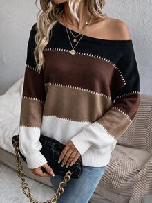 SHEIN LUNE Women's Casual Off-Shoulder Sweater, Suitable For Autumn/Winter, Color Block Print,Sweaters For Women - Multicolor - View 3