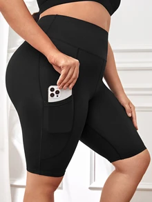 Easithlete Shorts biker de cintura ancha con bolsillo para teléfono - Negro - Ver 3
