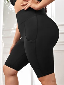 Easithlete Shorts biker de cintura ancha con bolsillo para teléfono - Negro - Ver 7