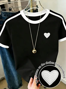 Resyla 女款休閒T恤－拼色刺繡愛心圖案，輕便日常夏季上衣，適合日常外出，黑白配色 - 彩色 - 查看 3