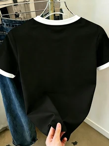 Resyla 女款休閒T恤－拼色刺繡愛心圖案，輕便日常夏季上衣，適合日常外出，黑白配色 - 彩色 - 查看 2