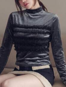 FRIFUL Women's Elegant Mesh Ruffle Trim T-Shirt, Autumn/Winter - Grey - View 1