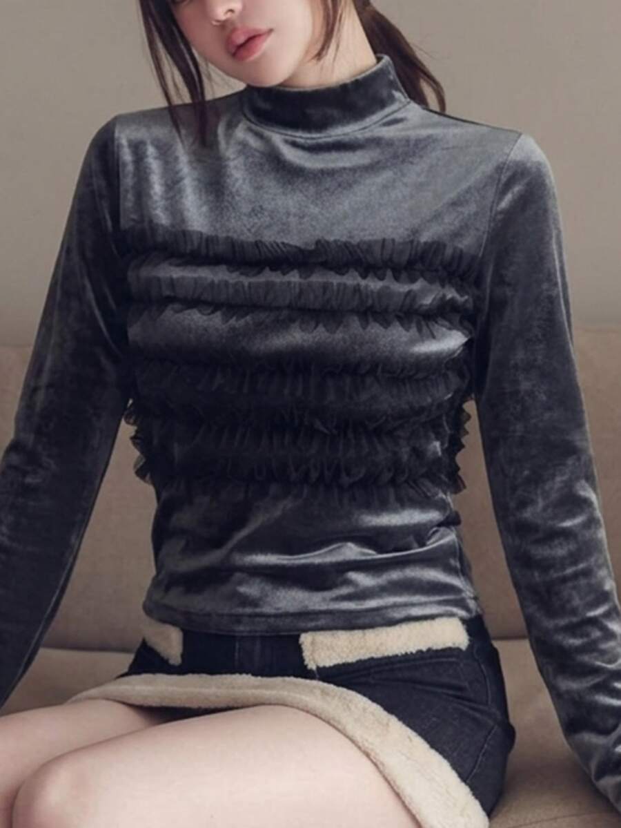FRIFUL Women's Elegant Mesh Ruffle Trim T-Shirt, Autumn/Winter - Grey - View 1