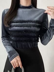 FRIFUL Women's Elegant Mesh Ruffle Trim T-Shirt, Autumn/Winter - Grey - View 9