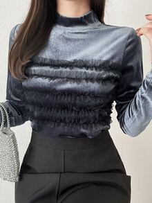 FRIFUL Women's Elegant Mesh Ruffle Trim T-Shirt, Autumn/Winter - Grey - View 4