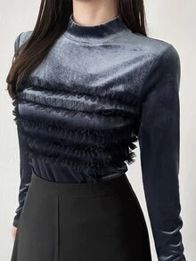 FRIFUL Women's Elegant Mesh Ruffle Trim T-Shirt, Autumn/Winter - Grey - View 7