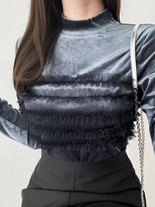 FRIFUL Women's Elegant Mesh Ruffle Trim T-Shirt, Autumn/Winter - Grey - View 2