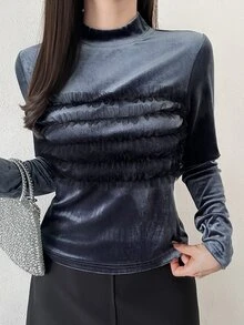 FRIFUL Women's Elegant Mesh Ruffle Trim T-Shirt, Autumn/Winter - Grey - View 5