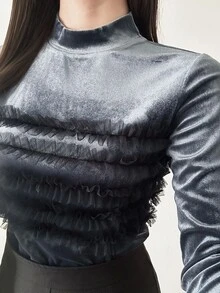 FRIFUL Women's Elegant Mesh Ruffle Trim T-Shirt, Autumn/Winter - Grey - View 3