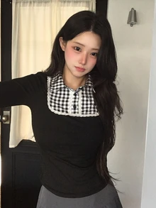 DAZY Women's Patchwork Contrast Color Plaid Trim Slim Fit Long Sleeve Collared Casual Vacation Korean Style Daily Spring Autumn Versatile Top T-Shirt - Black - View 9