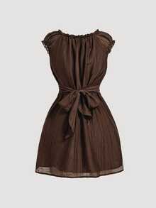 SHEIN MOD Plus Size Women's Solid Color Frill Trim V-Neck Single-Breasted Casual Dress - Brown - View 3