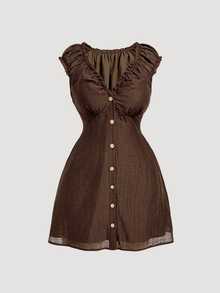 SHEIN MOD Plus Size Women's Solid Color Frill Trim V-Neck Single-Breasted Casual Dress - Brown - View 2