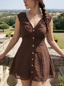 SHEIN MOD Plus Size Women's Solid Color Frill Trim V-Neck Single-Breasted Casual Dress - Brown - View 1