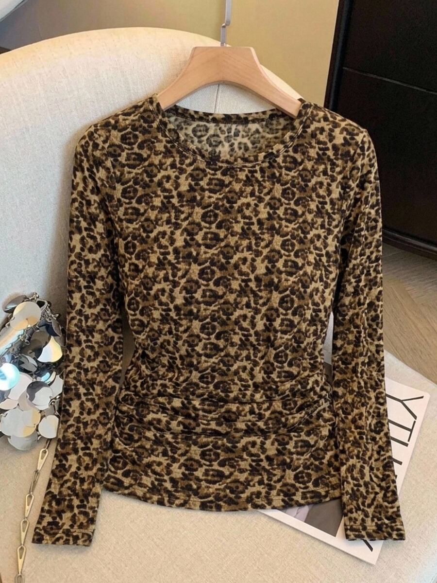 Comfylo Plus Size Women's Leopard Print Round Neck Long Sleeve Slim Fit Fashion T-Shirt Fall - Multicolor - View 1