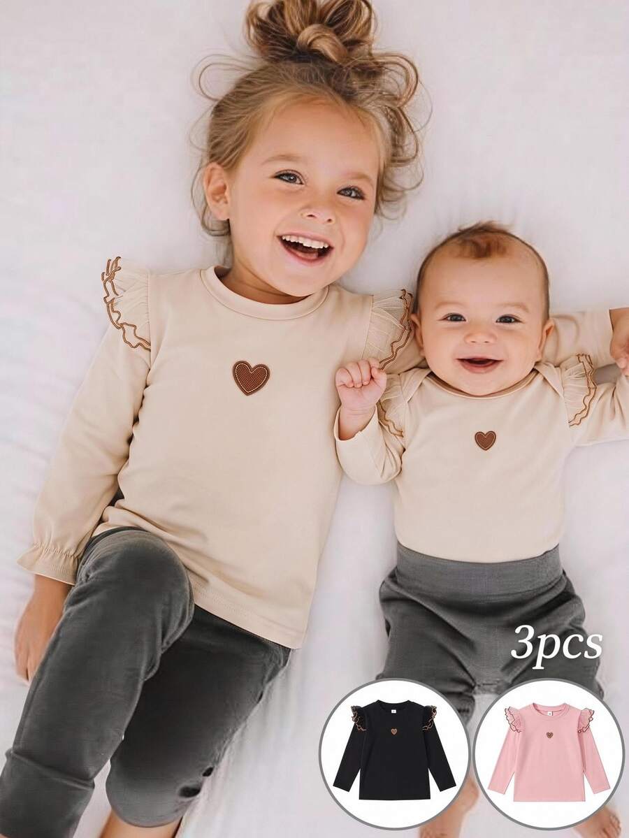 SHEIN 3pcs/Set Girls' Autumn/Winter Ruffle Flutter Sleeve Knitted Embroidered Heart Long Sleeve T-Shirt Back To School Black Baby Pink White Fairy