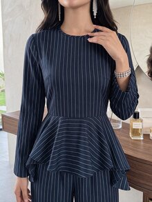 Feyla Setelan 2 Potong Kemeja Lengan Panjang Bergaris dengan Hiasan Ruffle di Bagian Bawah dan Celana Kasual untuk Wanita - Navy Blue - View 2