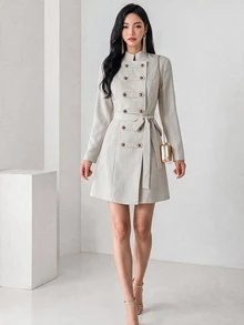 Heiryn Double Breasted Belted Dress - Khaki - View 4