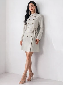 Heiryn Double Breasted Belted Dress - Khaki - View 1