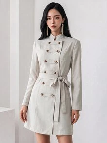 Heiryn Double Breasted Belted Dress - Khaki - View 6