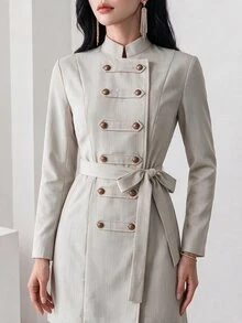 Heiryn Double Breasted Belted Dress - Khaki - View 9