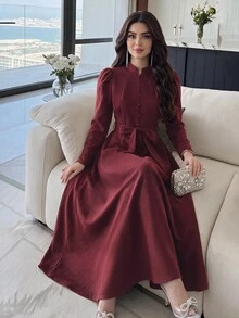 Feyla 女款純色腰部繫帶休閒派對中長洋裝 - 酒紅色 - 查看 5