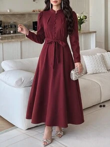 Feyla 女款純色腰部繫帶休閒派對中長洋裝 - 酒紅色 - 查看 3