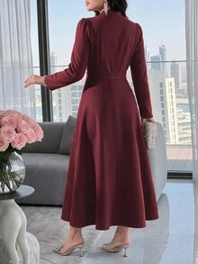 Feyla 女款純色腰部繫帶休閒派對中長洋裝 - 酒紅色 - 查看 2