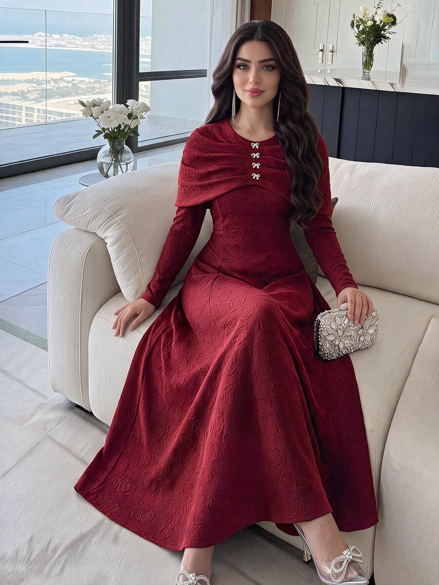 Feyla Gaun Panjang Kasual Pesta Warna Polos untuk Wanita - Burgundy - View 1
