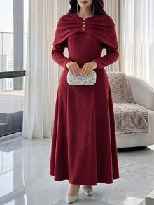 Feyla Gaun Panjang Kasual Pesta Warna Polos untuk Wanita - Burgundy - View 2