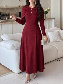 Feyla Gaun Panjang Kasual Pesta Warna Polos untuk Wanita - Burgundy - View 4