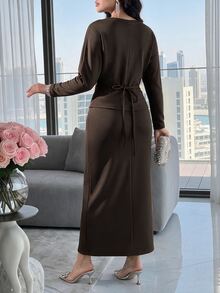 Feyla Women's Elegant Long Sleeve Blouse And Long Skirt 2 Pieces Set - Brown - View 2