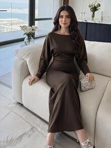 Feyla Women's Elegant Long Sleeve Blouse And Long Skirt 2 Pieces Set - Brown - View 6