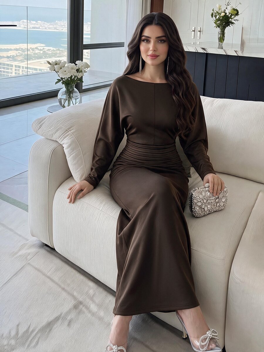 Feyla Women's Elegant Long Sleeve Blouse And Long Skirt 2 Pieces Set - Brown - View 1
