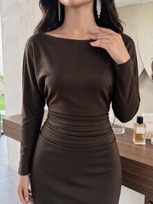 Feyla Women's Elegant Long Sleeve Blouse And Long Skirt 2 Pieces Set - Brown - View 4