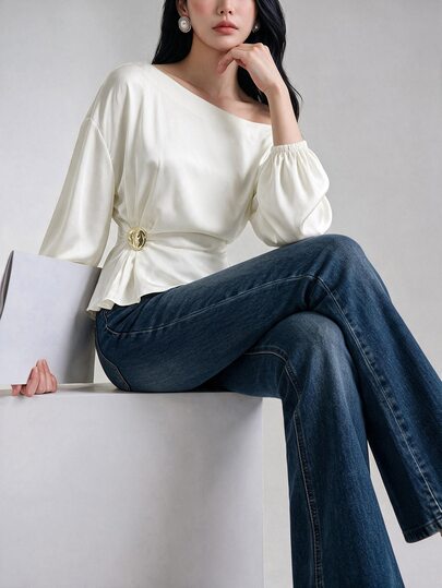 Heiryn Women's Solid Color Asymmetric Shoulder Casual Daily Wear Shirt