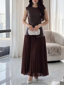 Feyla 女款優雅通勤拼接百褶中長洋裝 - 棕色 - 查看 5