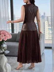 Feyla 女款優雅通勤拼接百褶中長洋裝 - 棕色 - 查看 2