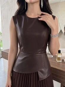 Feyla 女款優雅通勤拼接百褶中長洋裝 - 棕色 - 查看 3