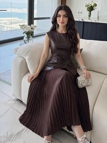 Feyla 女款優雅通勤拼接百褶中長洋裝 - 棕色 - 查看 4