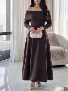Feyla Women's Solid Color Off-Shoulder Elegant Waist-Cinching Knit Dress For Party And Gathering - Brown - View 3