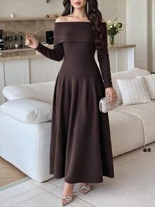 Feyla Women's Solid Color Off-Shoulder Elegant Waist-Cinching Knit Dress For Party And Gathering - Brown - View 1