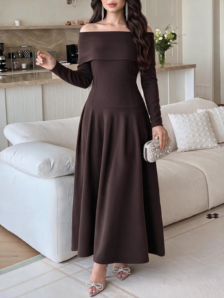Feyla Women's Solid Color Off-Shoulder Elegant Waist-Cinching Knit Dress For Party And Gathering - Brown - View 1